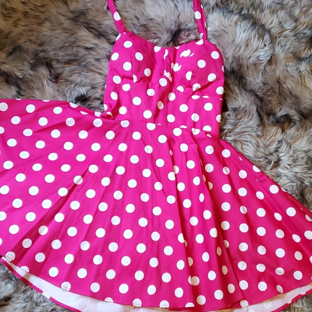 Pink and white polka dot swing dress